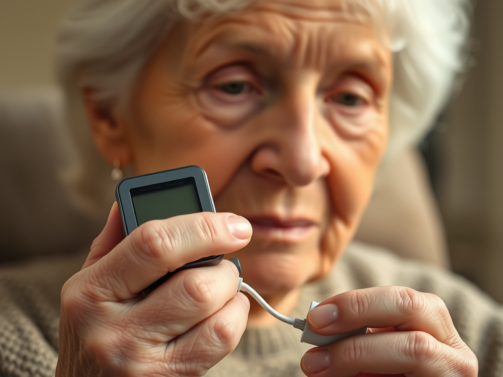 een oude vrouw gebruikt een zuurstof meter