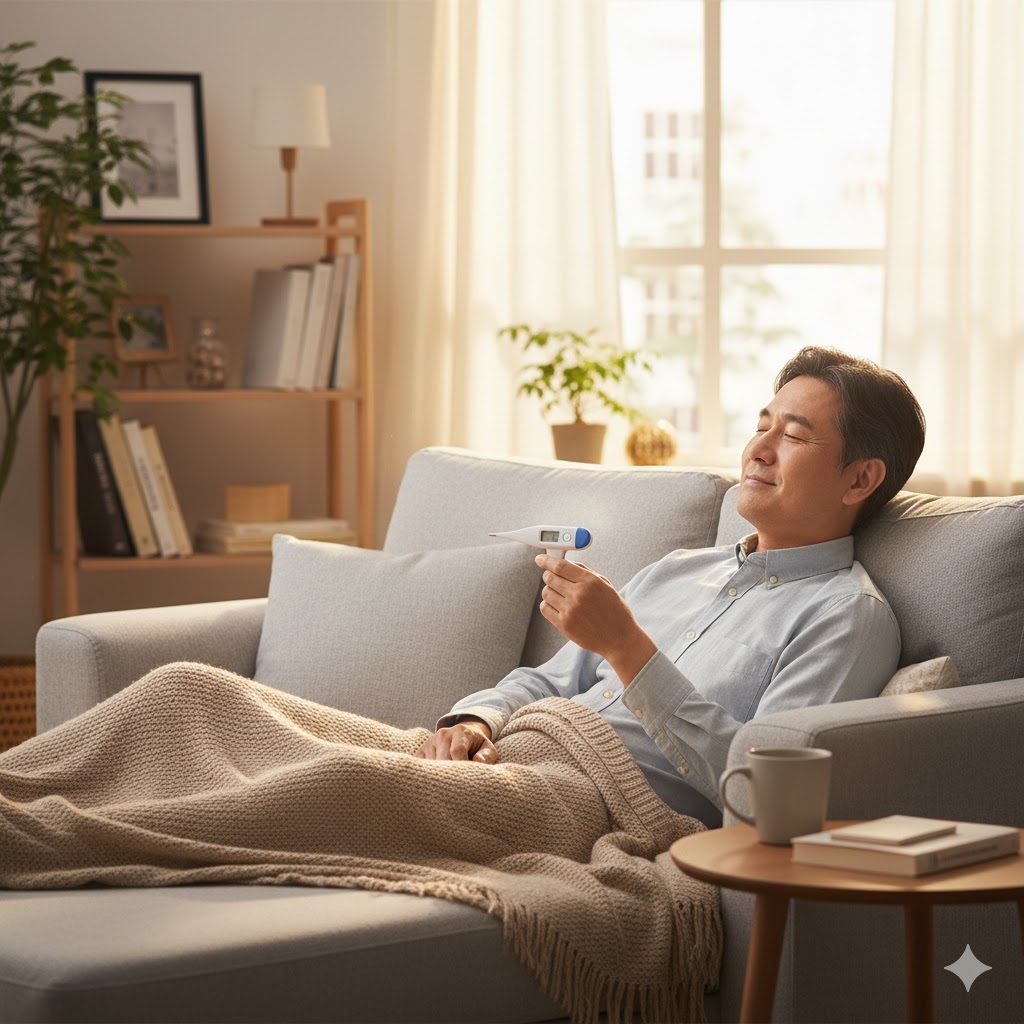 FOTO EEN MAN LIGT COMFORTABLE THERMOMETEN