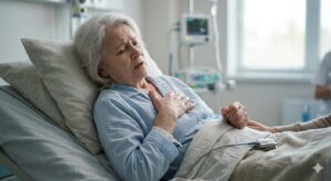 Oudere vrouw met pijn op de borst herkent vroege signalen van een hartinfarct.